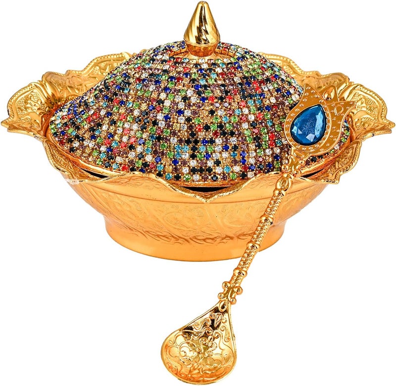 CopperBull Crystal Coated Handmade Brass Sugar Chocolate Candy Bowl Serving Dish with Lid  Spoon Gold Multi  - Image 1