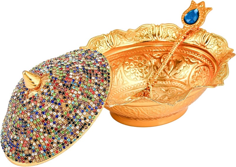 CopperBull Crystal Coated Handmade Brass Sugar Chocolate Candy Bowl Serving Dish with Lid  Spoon Gold Multi  - Image 3
