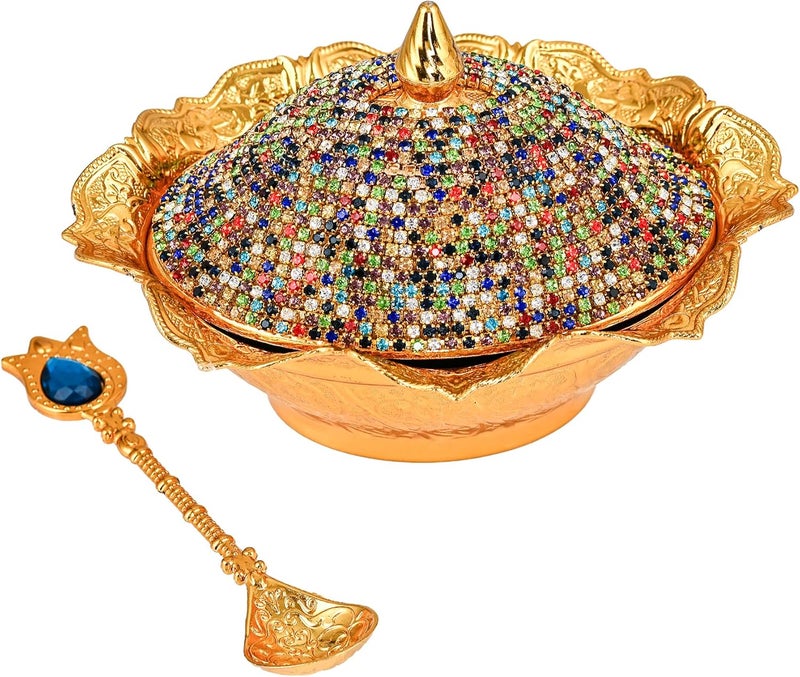 CopperBull Crystal Coated Handmade Brass Sugar Chocolate Candy Bowl Serving Dish with Lid  Spoon Gold Multi  - Image 2
