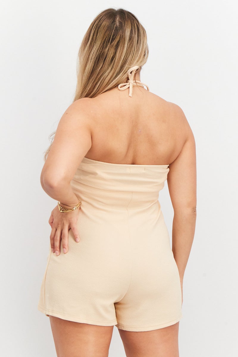 Koolook Women Textured Tie Neck Overlay Playsuit, Beige  - Image 2