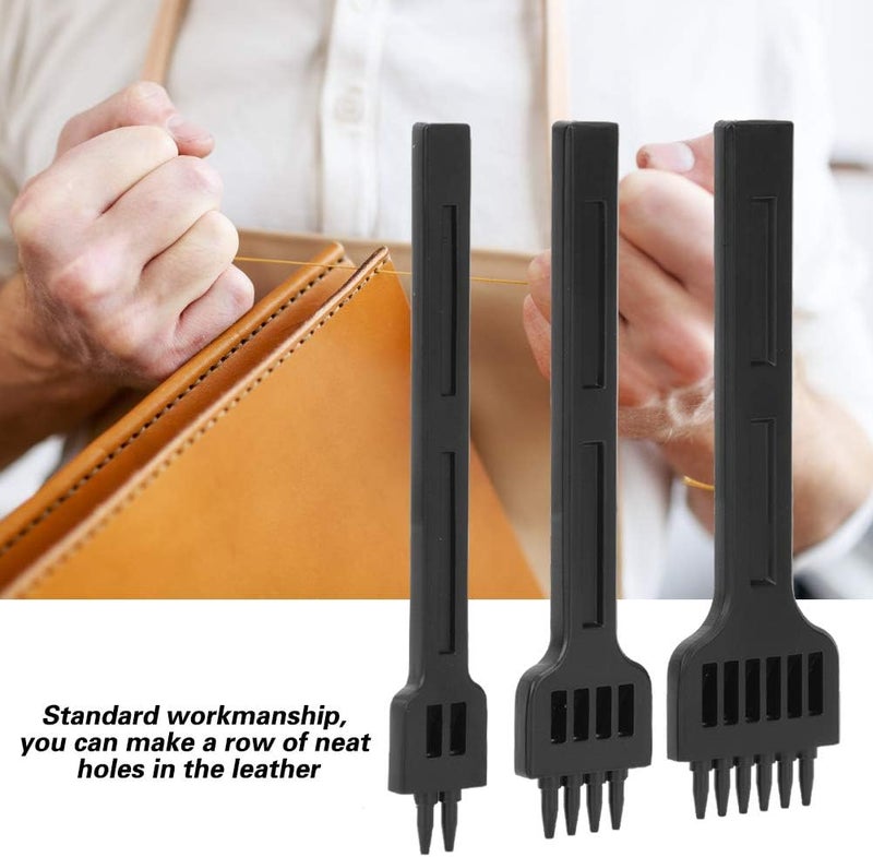 3Pcs 2/4/6 Prong Chisel Steel Leather Hole Punch Tool, Stitching Punch for DIY Sewing Craft, 4mm Hole Center Distance, Electrophoresis Blackened Rust with Round Head for Leather - Image 2