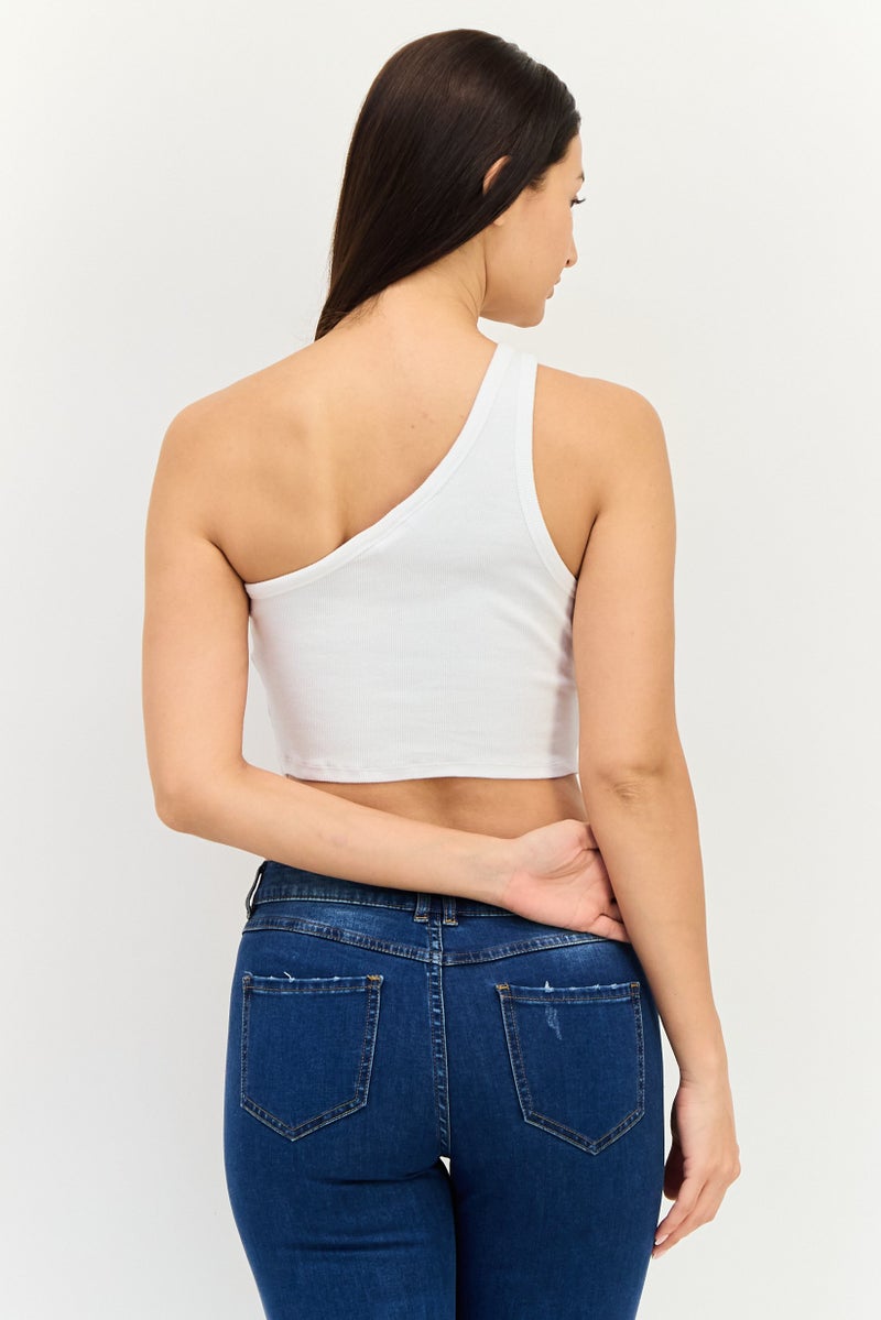 Bershka Women Asymmetrical Neck Sleeveless Graphic Print Tank Top, White - Image 3