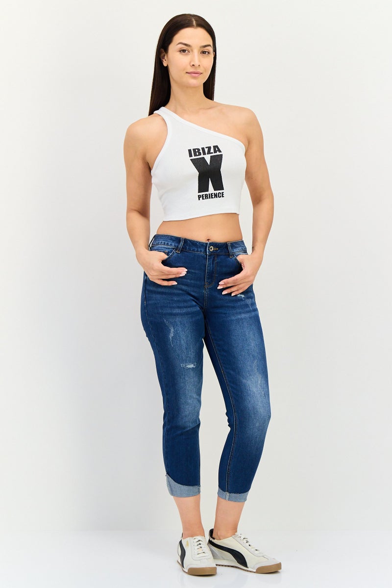 Bershka Women Asymmetrical Neck Sleeveless Graphic Print Tank Top, White - Image 2