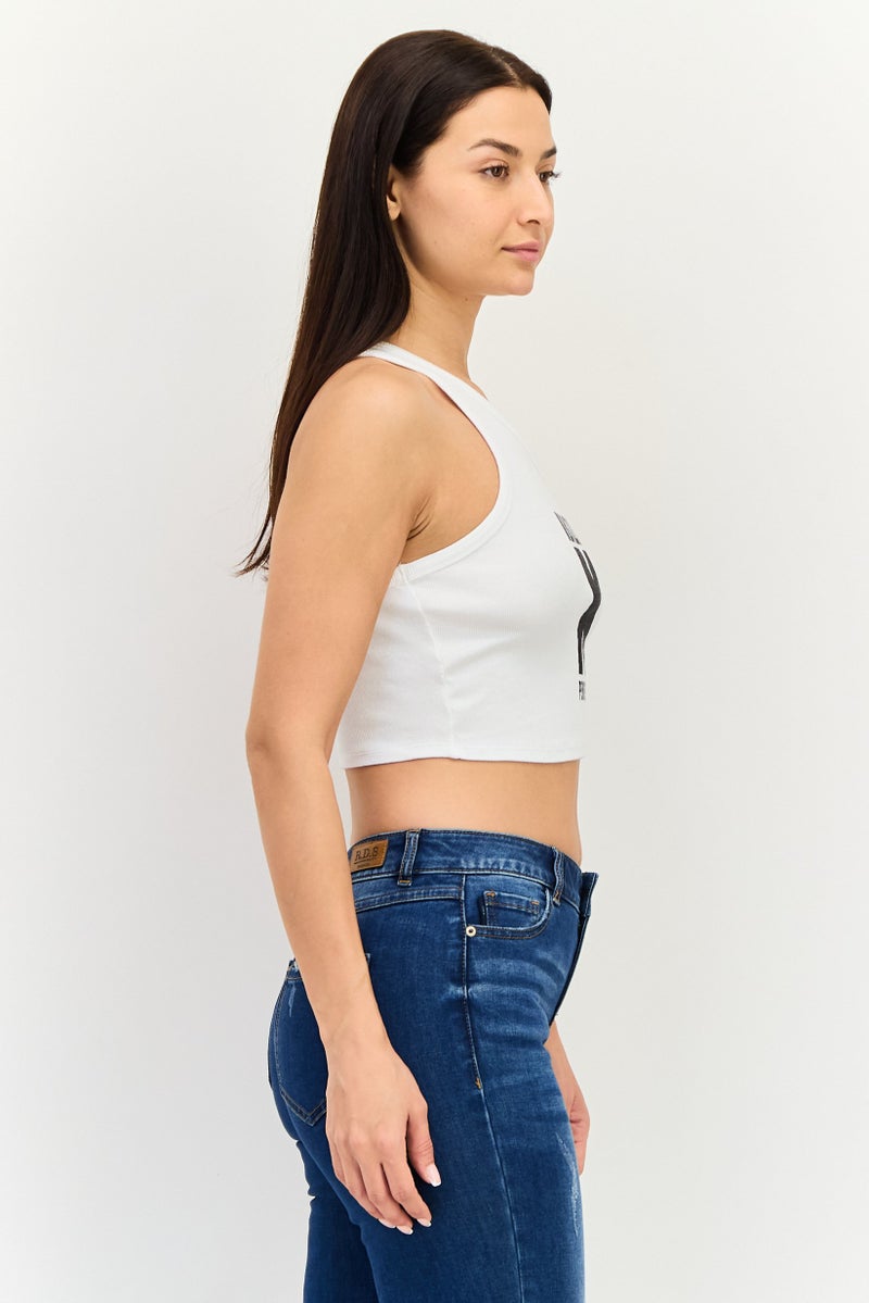 Bershka Women Asymmetrical Neck Sleeveless Graphic Print Tank Top, White - Image 4