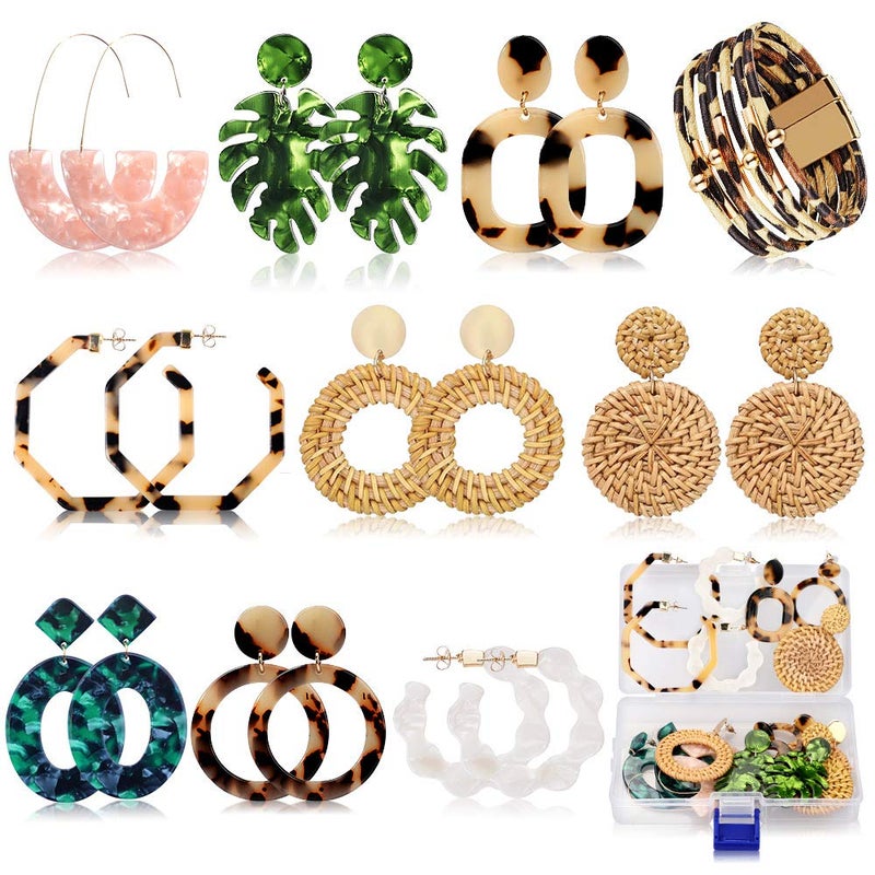 FIFATA 9 Pairs Drop Dangle Earrings boho Fashion Jewelry Rattan Acrylic Statement Boho Bohemian Earrings Set for Women - Image 1