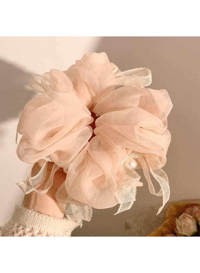 Mist Pink Tulle Oversized Scrunchies with Lace Bows & Faux Pearls, 2 Pack - Image 1