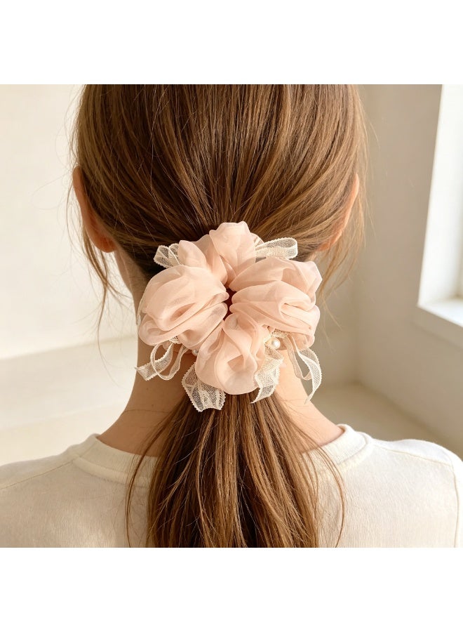 Mist Pink Tulle Oversized Scrunchies with Lace Bows & Faux Pearls, 2 Pack - Image 2