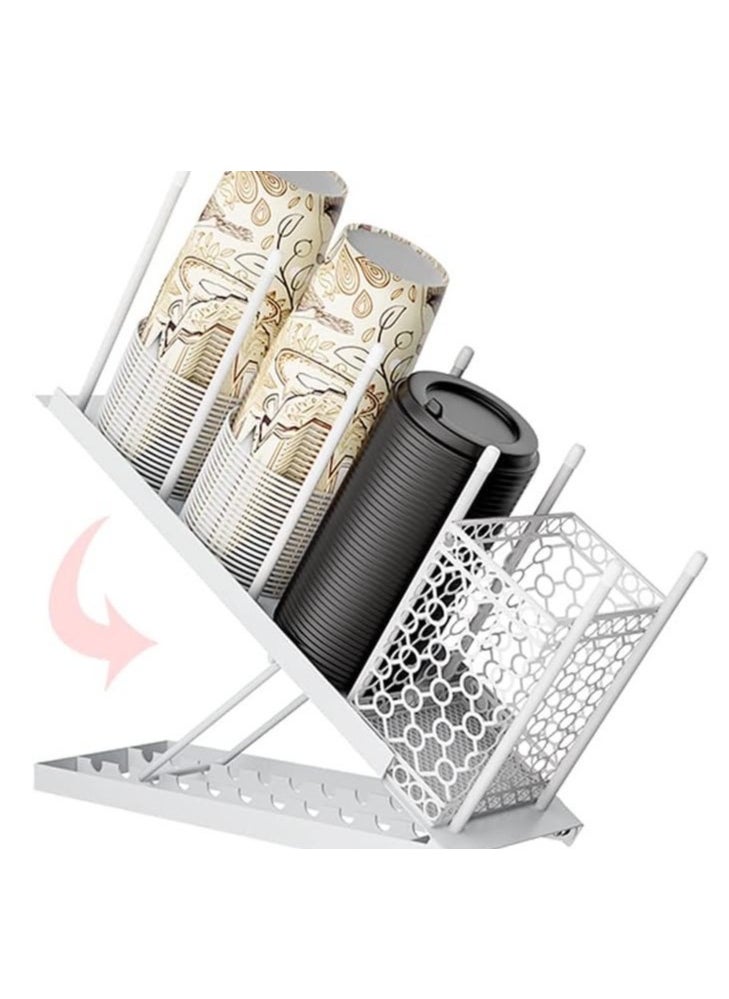 Hanayo Ovicar Cup and Lid Holder - Adjustable Coffee Cup Holder Organizer 4 Compartment Disposable Cup Dispenser with Coffee Pod Straw Storage Basket for Coffee Station Bar Countertop Breakroom Metal  - Image 1