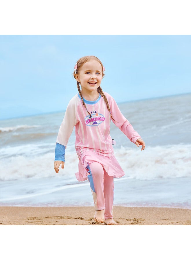 Lemonkid Children's Swimwear, Boys And Girls Two-piece Swimsuit, Kids Long-sleeve Sun Protection, Baby Swimwear And Shorts, Buleiqi Pink, Size 140 - Image 1