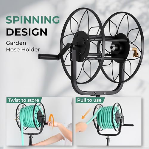 Favormony Garden Hose Reel - Heavy Duty Outdoor Turntable Water Hose Holder with Sturdy Cross Base, 100 ft of 5/8" Hose Capacity, Height Adjustable 360 Degree Rotate Freestanding Hose Stand for Yard - Image 3