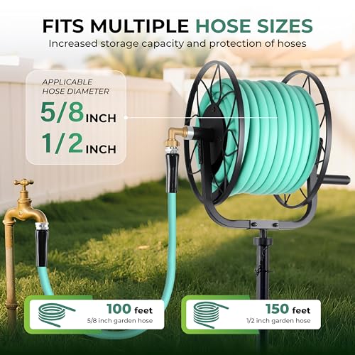 Favormony Garden Hose Reel - Heavy Duty Outdoor Turntable Water Hose Holder with Sturdy Cross Base, 100 ft of 5/8" Hose Capacity, Height Adjustable 360 Degree Rotate Freestanding Hose Stand for Yard - Image 4