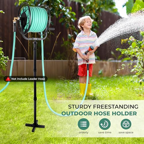 Favormony Garden Hose Reel - Heavy Duty Outdoor Turntable Water Hose Holder with Sturdy Cross Base, 100 ft of 5/8" Hose Capacity, Height Adjustable 360 Degree Rotate Freestanding Hose Stand for Yard - Image 2