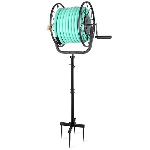 Favormony Garden Hose Reel - Heavy Duty Outdoor Turntable Water Hose Holder with Sturdy Cross Base, 100 ft of 5/8" Hose Capacity, Height Adjustable 360 Degree Rotate Freestanding Hose Stand for Yard - Image 1