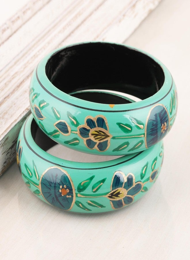 NOVICA Artisan Handmade Wood Bangle Bracelets Floral in Viridian from India Pair Green Painted [8 in Inner Circ. x 0.8 in W] 'Floral Viridian' (Pair) - Image 3