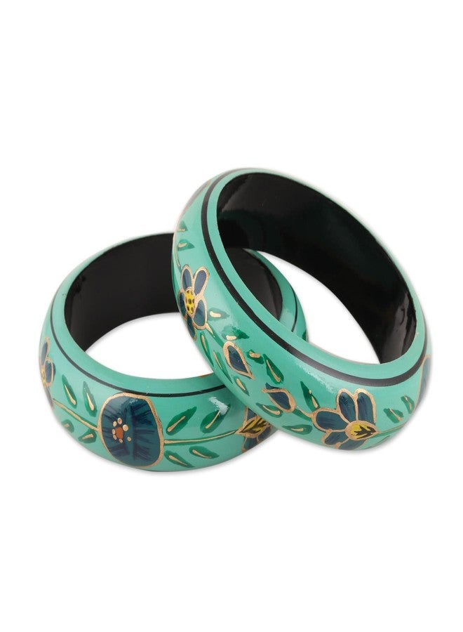 NOVICA Artisan Handmade Wood Bangle Bracelets Floral in Viridian from India Pair Green Painted [8 in Inner Circ. x 0.8 in W] 'Floral Viridian' (Pair) - Image 1