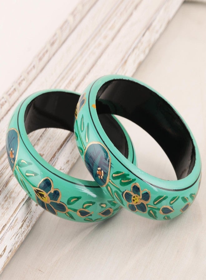 NOVICA Artisan Handmade Wood Bangle Bracelets Floral in Viridian from India Pair Green Painted [8 in Inner Circ. x 0.8 in W] 'Floral Viridian' (Pair) - Image 2