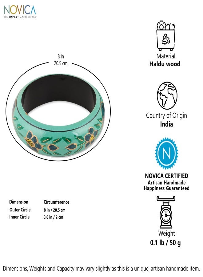 NOVICA Artisan Handmade Wood Bangle Bracelets Floral in Viridian from India Pair Green Painted [8 in Inner Circ. x 0.8 in W] 'Floral Viridian' (Pair) - Image 5