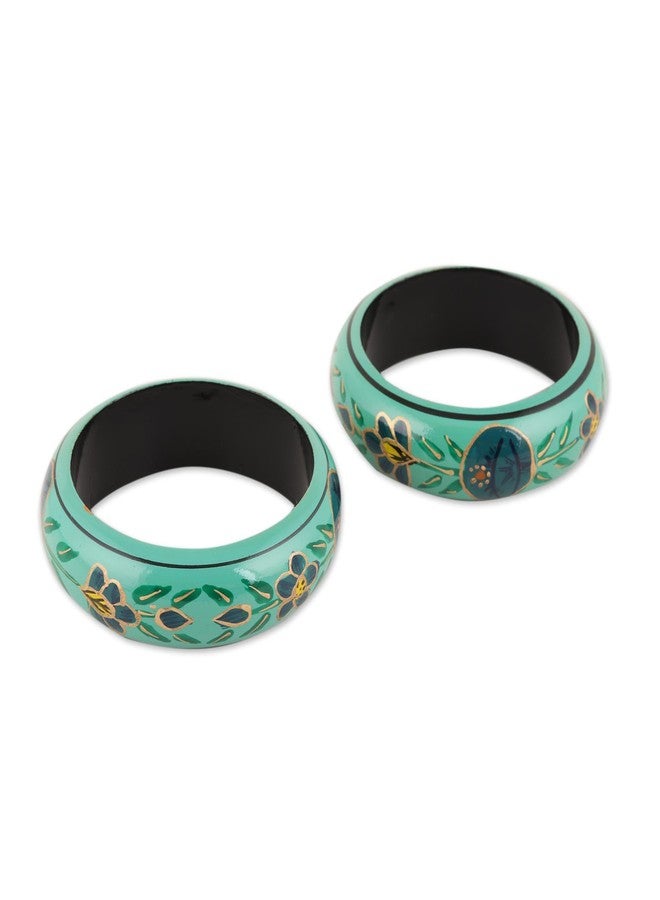 NOVICA Artisan Handmade Wood Bangle Bracelets Floral in Viridian from India Pair Green Painted [8 in Inner Circ. x 0.8 in W] 'Floral Viridian' (Pair) - Image 4