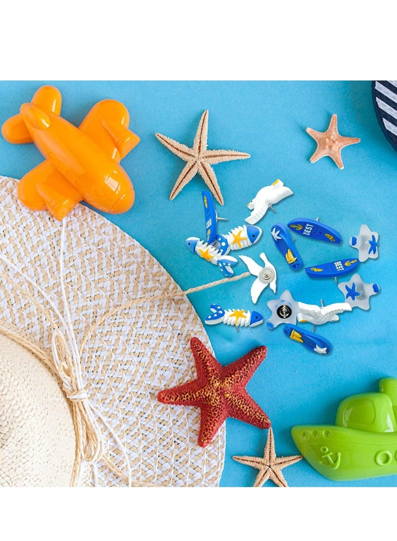 Y&D 30 Pcs Decorative Push Pins for Cork Board Cute Ocean Theme Thumb Tacks Wall Bulletin Seagull, Starfish, Fish, Boat Resin Metal Photos Maps Office or Home Decoration  - Image 2