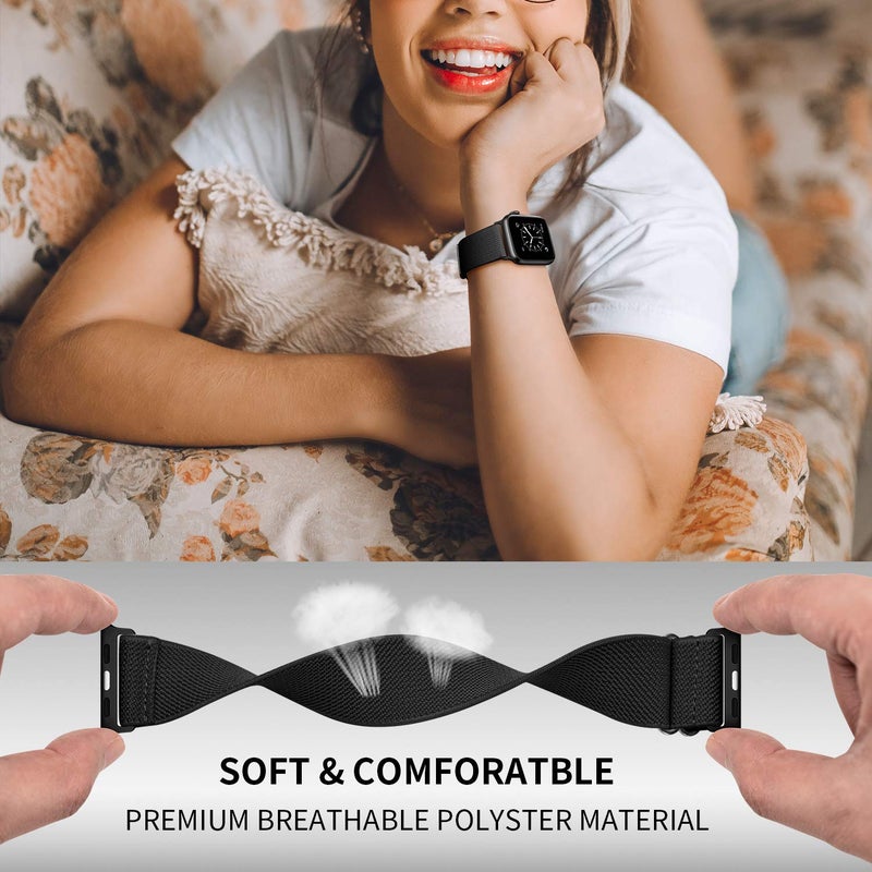 OXWALLEN XL Stretch Solo Loop Band Compatible with Apple Watch Series 11/10/9/8/7/6/5/4 SE Ultra 3/2/1 49mm 46mm 45mm 44mm, Adjustable Elastic Nylon Braided Sport Strap for iWatch Women Men, Black - Image 2