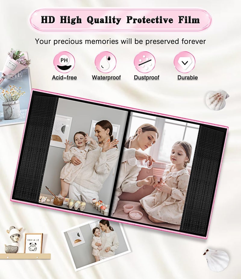 EJBLFE ألبوم Ejblfe Photo ألبوم 4x6 غلاف الكتان ألبوم ألبوم يمكن أن يحمل 100 صور 4x6 مع 50 ورقة أسود لطفل زفاف عائلي وجنة العطلات (الوردي) - Image 4