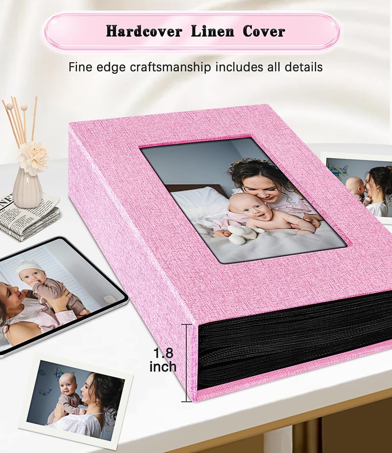 EJBLFE ألبوم Ejblfe Photo ألبوم 4x6 غلاف الكتان ألبوم ألبوم يمكن أن يحمل 100 صور 4x6 مع 50 ورقة أسود لطفل زفاف عائلي وجنة العطلات (الوردي) - Image 5