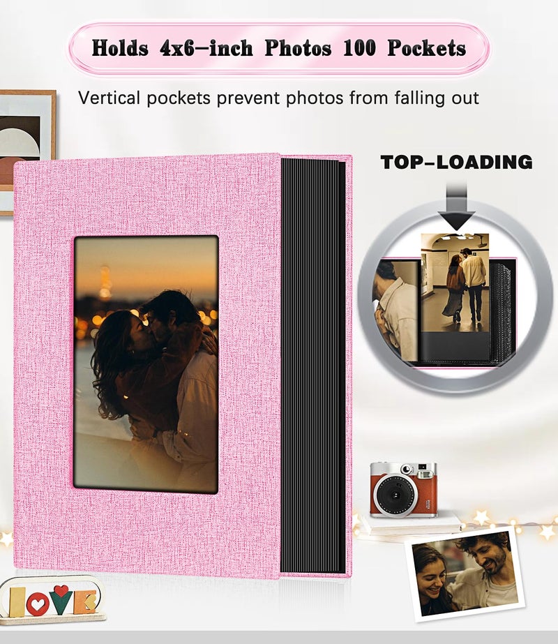 EJBLFE ألبوم Ejblfe Photo ألبوم 4x6 غلاف الكتان ألبوم ألبوم يمكن أن يحمل 100 صور 4x6 مع 50 ورقة أسود لطفل زفاف عائلي وجنة العطلات (الوردي) - Image 3