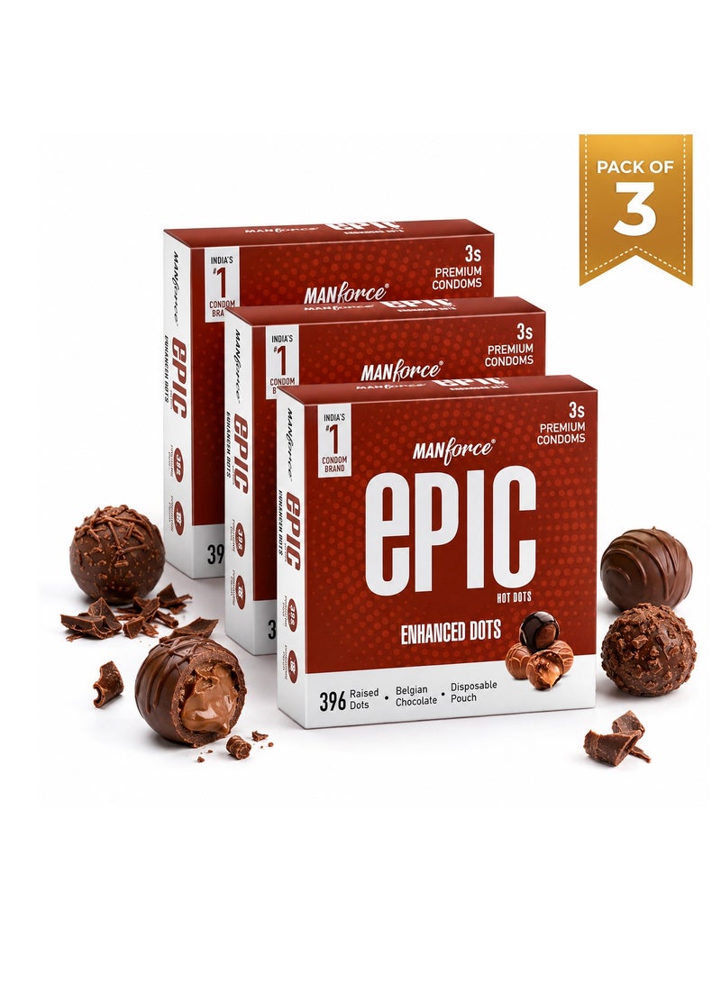 Mankind Manforce Epic Condoms | Pack of 3 | 396 Hot Dots | Belgian Chocolate Flavour | Extra Dotted Thin Lubricated Latex Condom | Vegan No Harsh Chemicals | Disposable Pouch | 3 Pack - Image 1