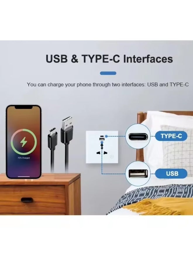 باي فور ليس مقبس حائط ذكي WiFi – منفذ واحد (أسود) | لوحة زجاج مقوّى، شحن سريع USB + Type-C، مقبس عالمي، وتحكم عبر تطبيق Smart Life/Tuya - Image 2