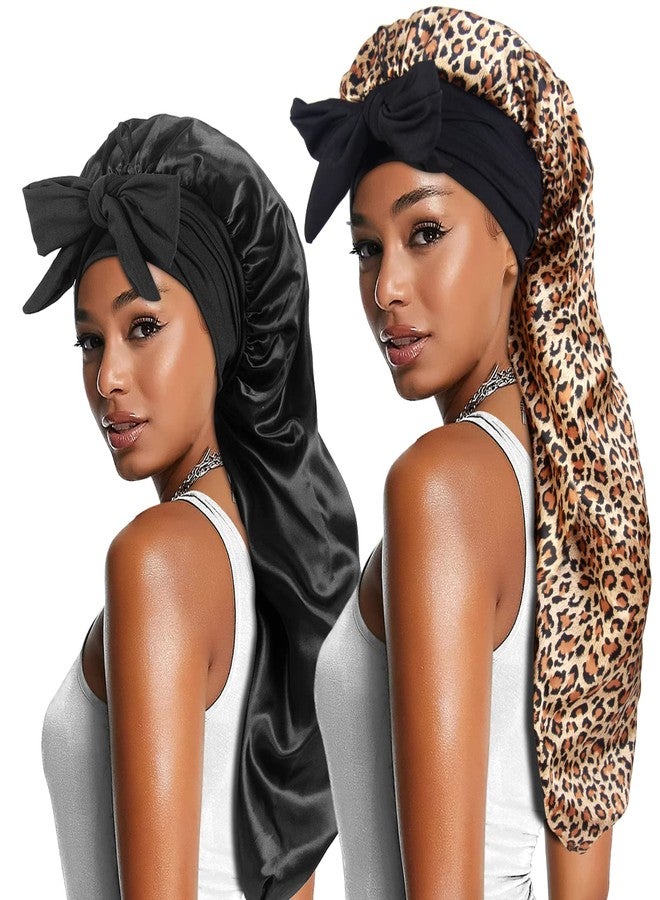 Heniho 2pcs Long Satin Bonnets with Tie Band, Large Braid Bonnet Silky Hair Cap for Locs Women Sleeping, B - Image 1