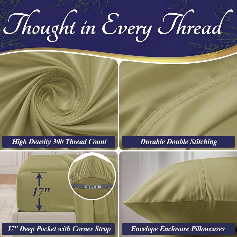 DECOLURE 100% Viscose Derived from Bamboo Sheets Queen Size - Luxury 4 Pc Naturally Cooling Sheets, Ultra Soft Bed Set - Deep 17" Pockets, Durable Double Stitching, Oeko Tex Standard (Light Olive) - Image 5