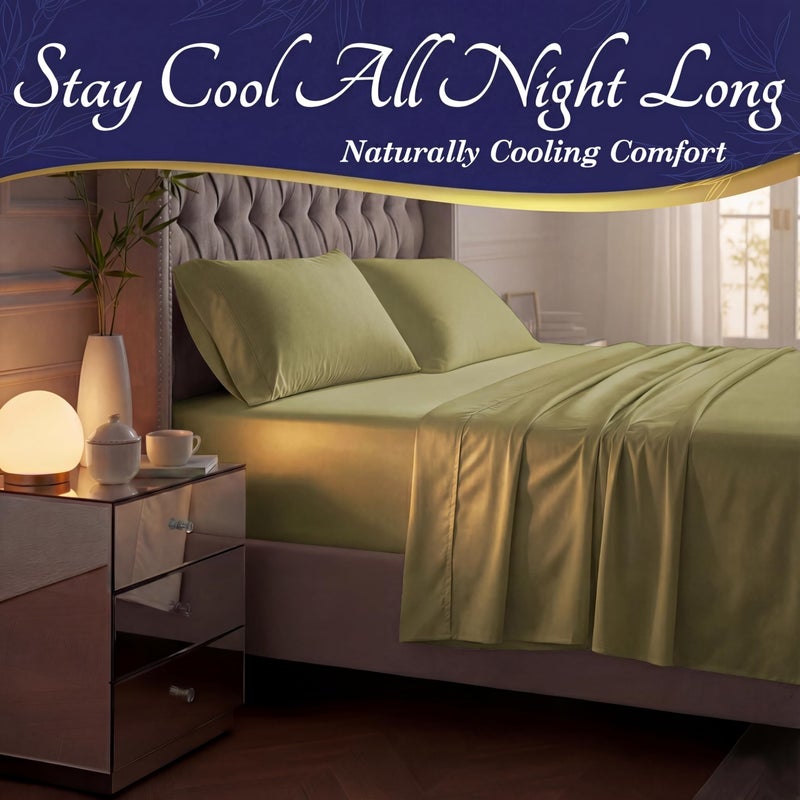 DECOLURE 100% Viscose Derived from Bamboo Sheets Queen Size - Luxury 4 Pc Naturally Cooling Sheets, Ultra Soft Bed Set - Deep 17" Pockets, Durable Double Stitching, Oeko Tex Standard (Light Olive) - Image 3