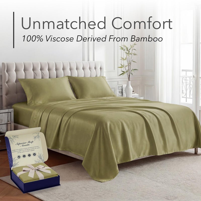 DECOLURE 100% Viscose Derived from Bamboo Sheets Queen Size - Luxury 4 Pc Naturally Cooling Sheets, Ultra Soft Bed Set - Deep 17" Pockets, Durable Double Stitching, Oeko Tex Standard (Light Olive) - Image 2
