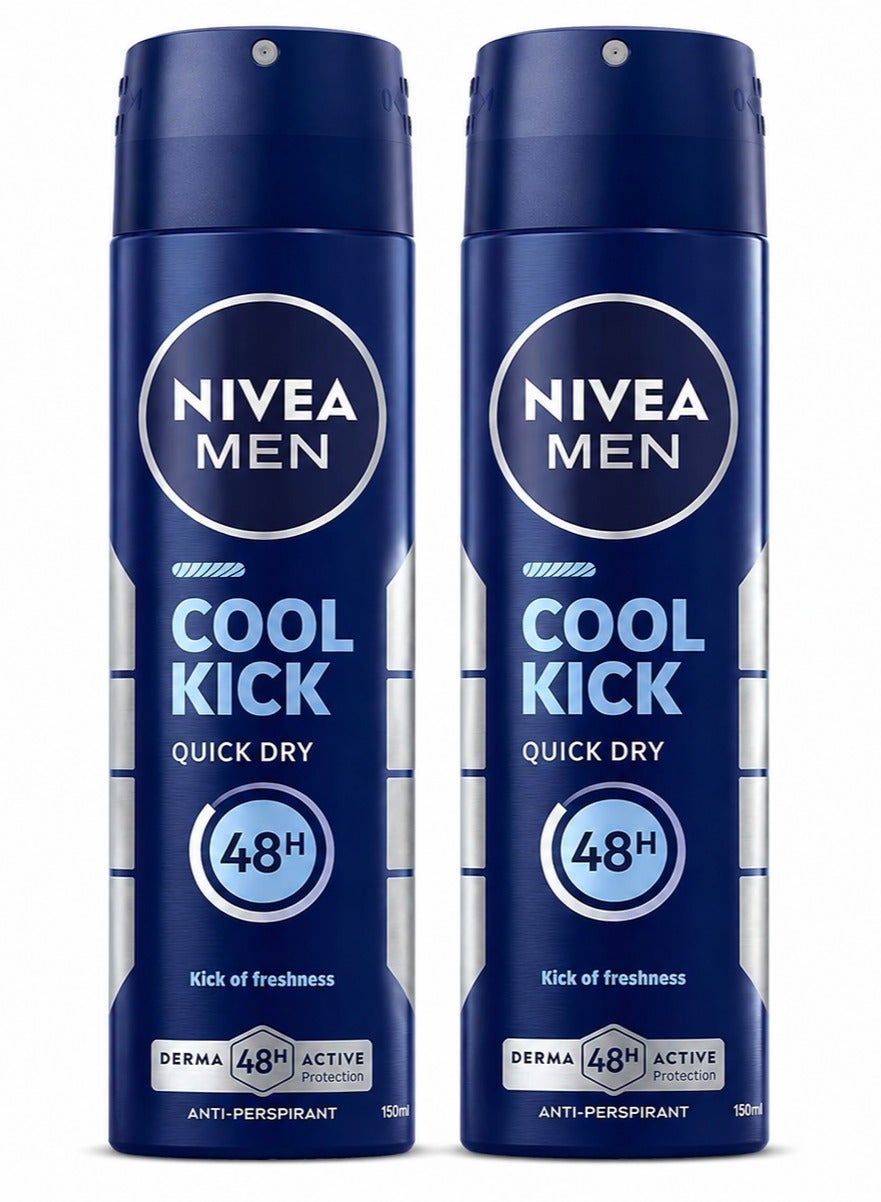 Nivea Men Cool Kick Body Spray 150ml 2 Pack  48H Active Protection Long Lasting Freshness