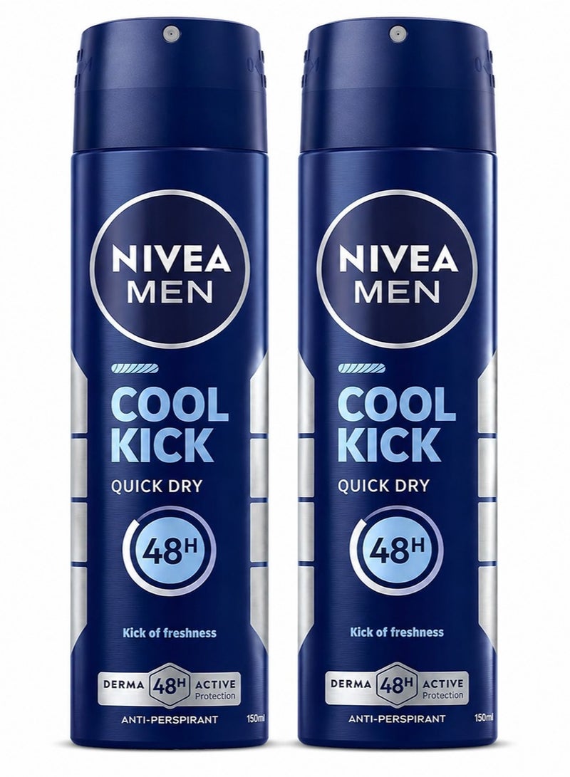 Nivea Men Cool Kick Body Spray 150ml 2 Pack  48H Active Protection Long Lasting Freshness