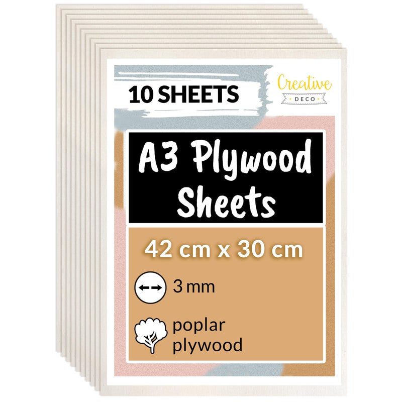 Creative Deco 10 x A3 Plywood Sheets  420 x 300 x 3 mm  2mm  Poplar Wood Ply  Perfect Board for Wood Board DIY Home Decor Arts Craft Painting Laser Cutting CNC Scroll Saw Stenciling Pyrography