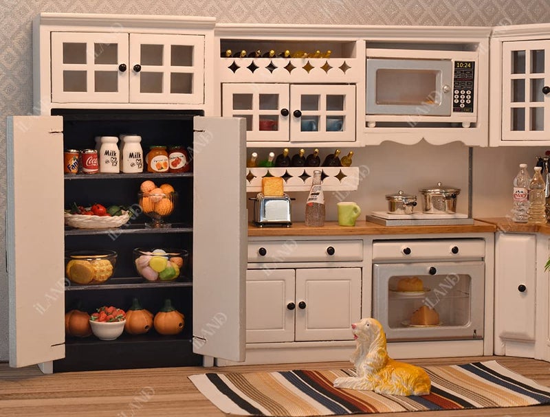 iLAND Dollhouse Kitchen, Modern Dollhouse Furniture Set on 1/12 Scale Wooden White to Store Miniature Food - Image 4