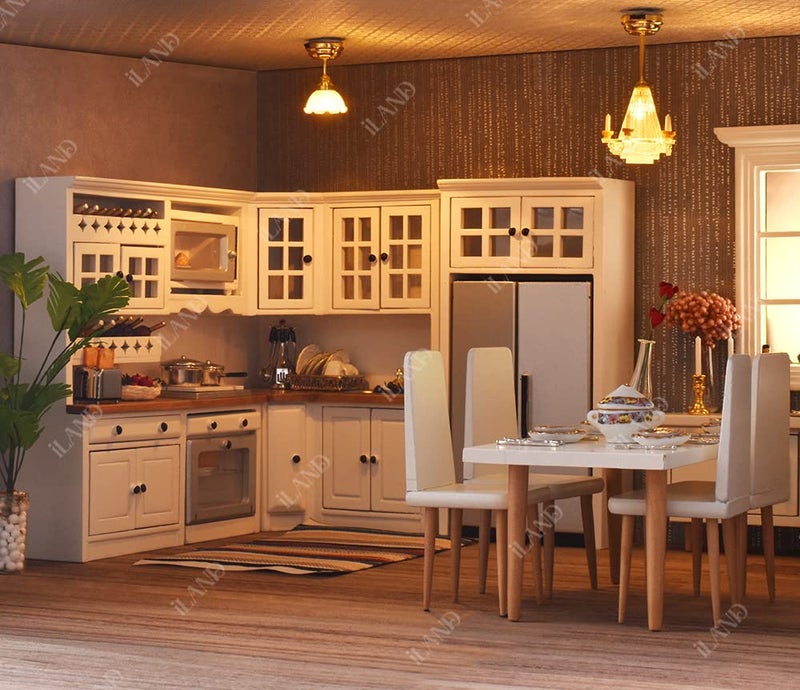 iLAND Dollhouse Kitchen, Modern Dollhouse Furniture Set on 1/12 Scale Wooden White to Store Miniature Food - Image 3