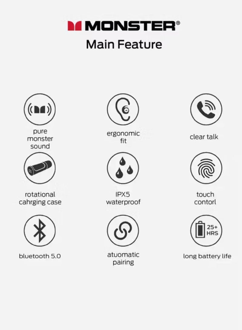 Monster Clarity 101 AirLinks Wireless Earbuds, Bluetooth Version 5.0, Type-C Charging Port, 360° Rotatable Charging Case, Touch Control, 60 Hours Battery Life - Black - Image 5