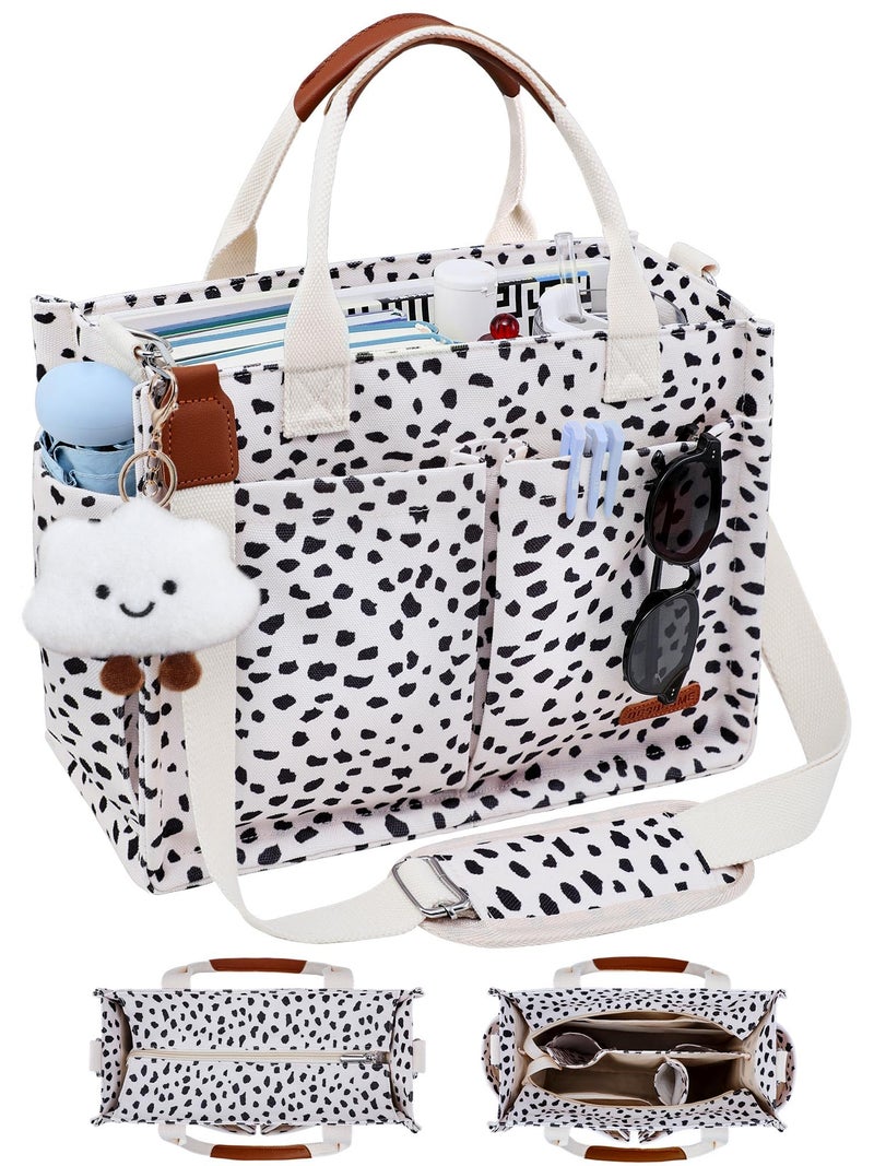 BESBESME Canvas Tote Bag for Women with Zipper, Compartments & Luggage Sleeve, Work and College Crossbody Bag, Adjustable Strap, Laptop Purse for Teacher, Nurse, Travel, Bible Study, Leopard M - Image 1