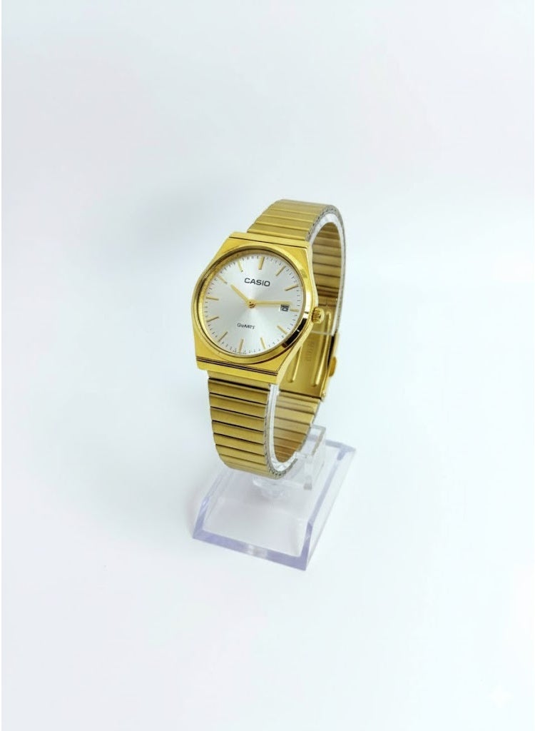 كاسيو ساعة كاسيو الكلاسيكية التناظرية باللون الذهبي للرجال/للجنسين - هيكل دائري، مينا فضي، سوار مرن من الفولاذ المقاوم للصدأ، عرض التاريخ - Image 1