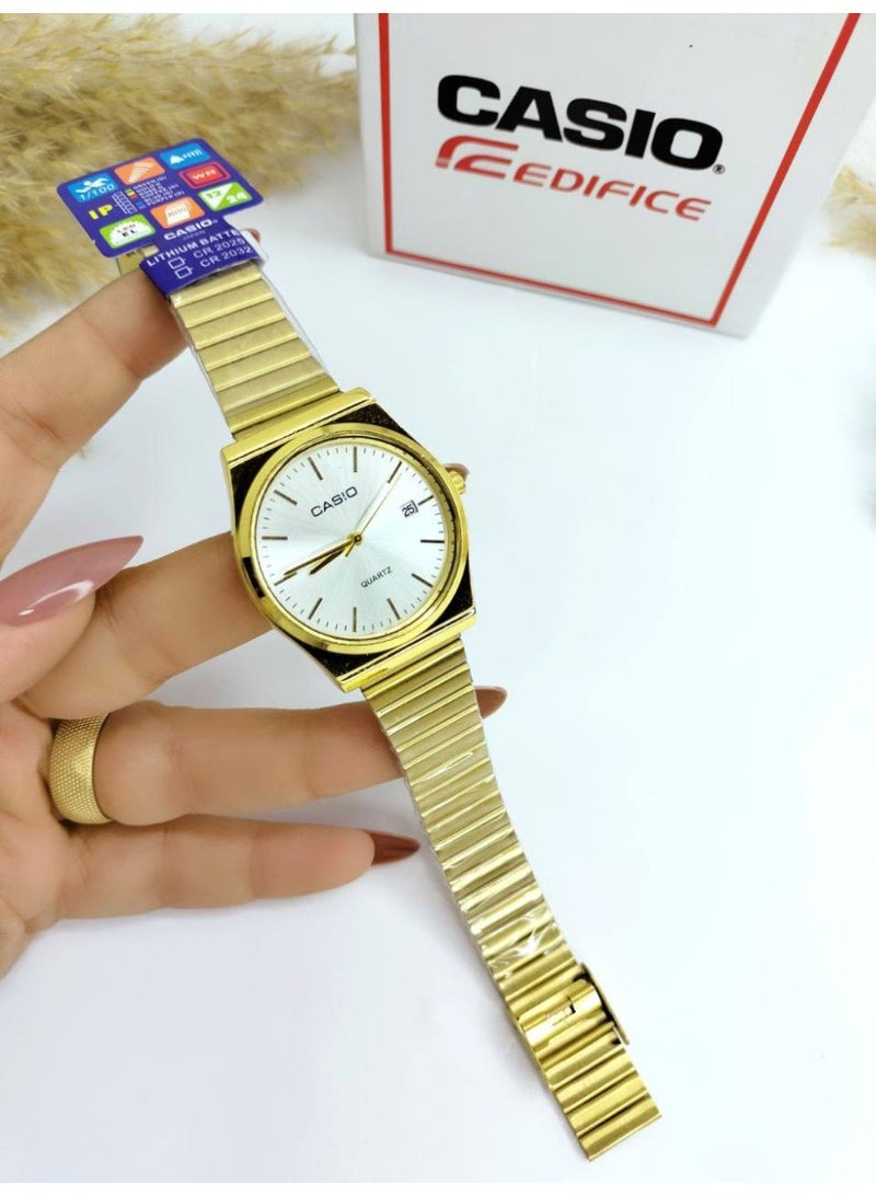 كاسيو ساعة كاسيو الكلاسيكية التناظرية باللون الذهبي للرجال/للجنسين - هيكل دائري، مينا فضي، سوار مرن من الفولاذ المقاوم للصدأ، عرض التاريخ - Image 2