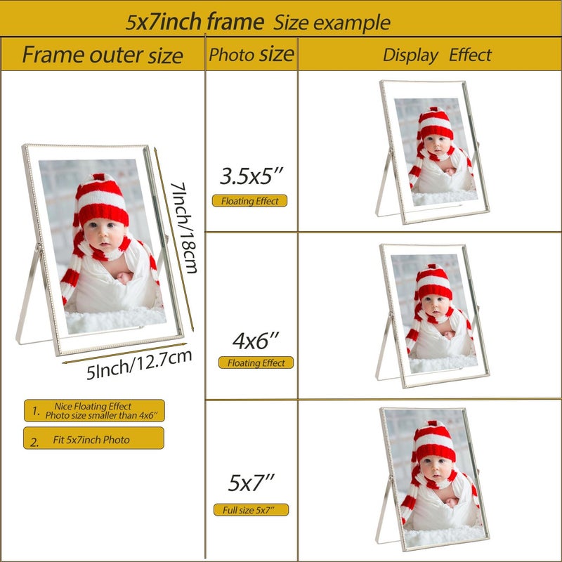 GorYeeFine مجموعة إطارين عائمين فضيين مقاس 5x7 بوصة، لمقاسات الصور (2x3 بوصة، 3.5x5 بوصة، 4x6 بوصة حتى 5x7 بوصة)، إطارات جميلة بحافة معدنية مخرومة قابلة للتعديل على الطاولة/الرف، خيار هدية أنيقة للزفاف. - Image 5