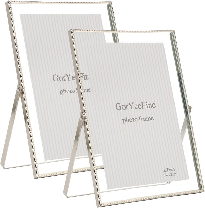 GorYeeFine مجموعة إطارين عائمين فضيين مقاس 5x7 بوصة، لمقاسات الصور (2x3 بوصة، 3.5x5 بوصة، 4x6 بوصة حتى 5x7 بوصة)، إطارات جميلة بحافة معدنية مخرومة قابلة للتعديل على الطاولة/الرف، خيار هدية أنيقة للزفاف. - Image 1