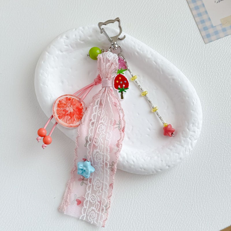 Sweet Strawberry Keychain with Lace Ribbon - Image 3