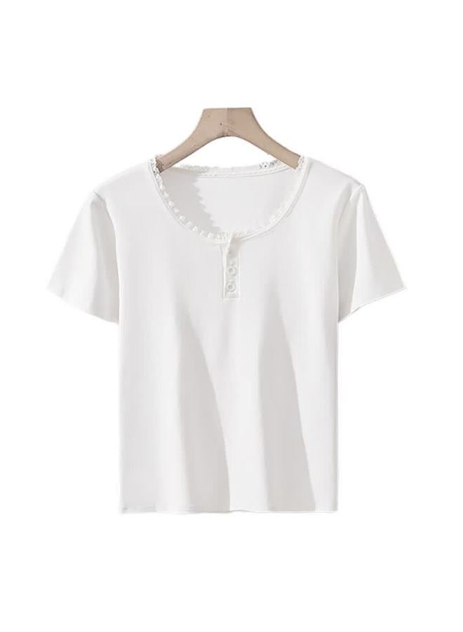 Yiershuang Women's Short Sleeve T-shirt Lace Button Collar Summer Thin Slim Fit Shoulder Base Layer Round Neck Top