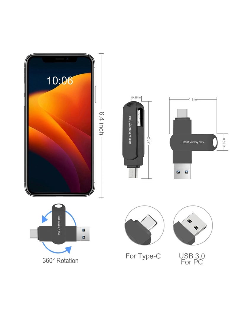 Generic - 256GB USB 3.2 Gen 1 Flash Drive, USB A and USB C Dual Drive 2 in 1 Thumb Drive Swivel Design Jump Drive Memory Stick for Android Device/Tablet/Laptop/PC/Phone (Black) - Image 1