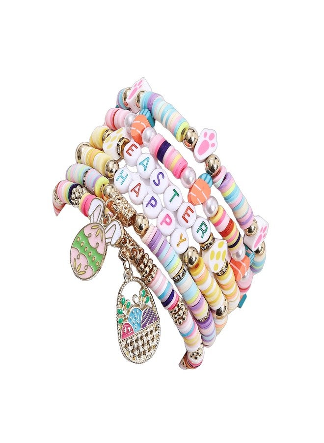 KZL Happy Easter Bracelets Holiday Heishi Surfer Beaded Stretch Bracelets Set for Women Cute Easter Eggs Rabbit Bunny Carrot Enamel Charm Bracelets Festival Party Jewelry Gifts-Style 6 - Image 1