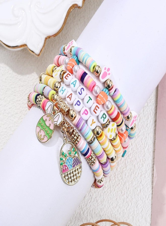 KZL Happy Easter Bracelets Holiday Heishi Surfer Beaded Stretch Bracelets Set for Women Cute Easter Eggs Rabbit Bunny Carrot Enamel Charm Bracelets Festival Party Jewelry Gifts-Style 6 - Image 2