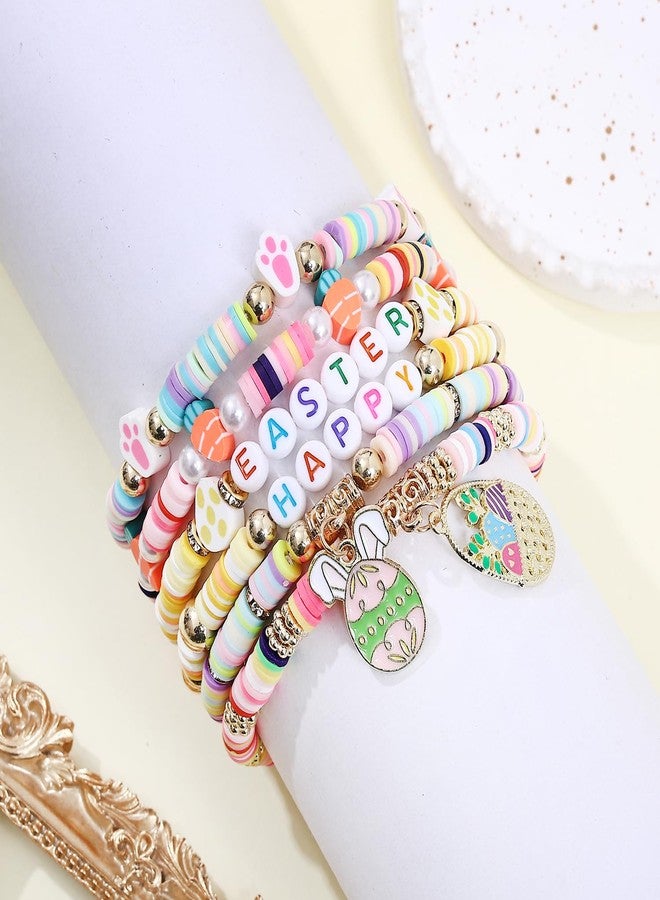KZL Happy Easter Bracelets Holiday Heishi Surfer Beaded Stretch Bracelets Set for Women Cute Easter Eggs Rabbit Bunny Carrot Enamel Charm Bracelets Festival Party Jewelry Gifts-Style 6 - Image 4